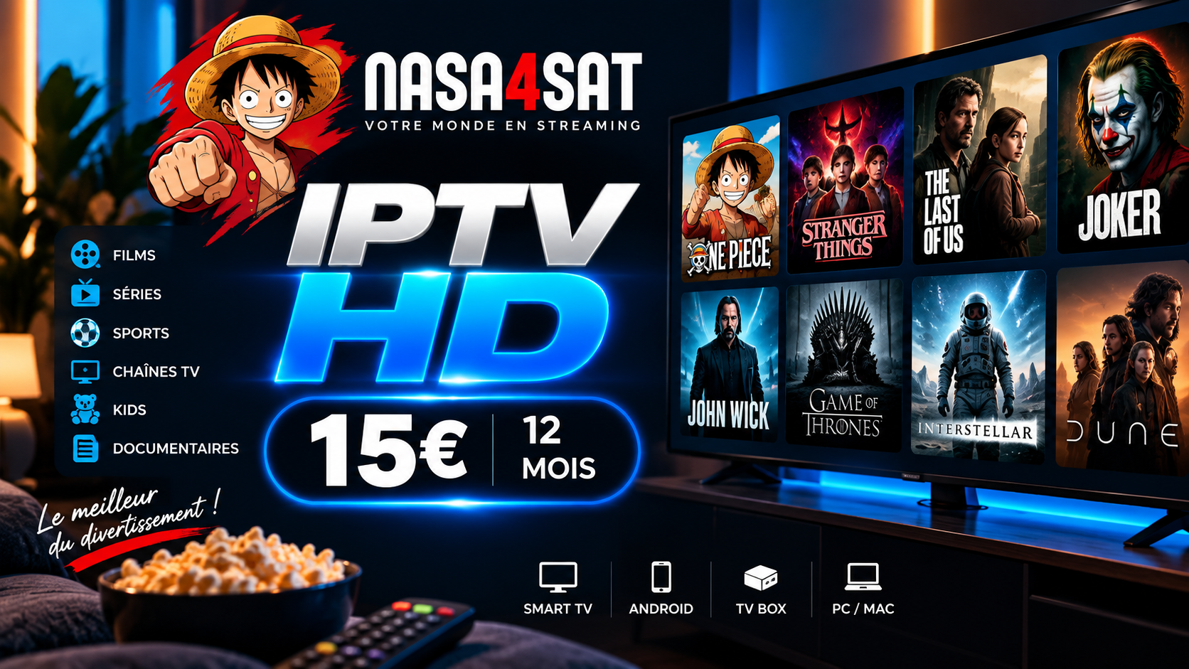 Abonnement IPTV HD 12 mois avec chaînes TV, films et séries