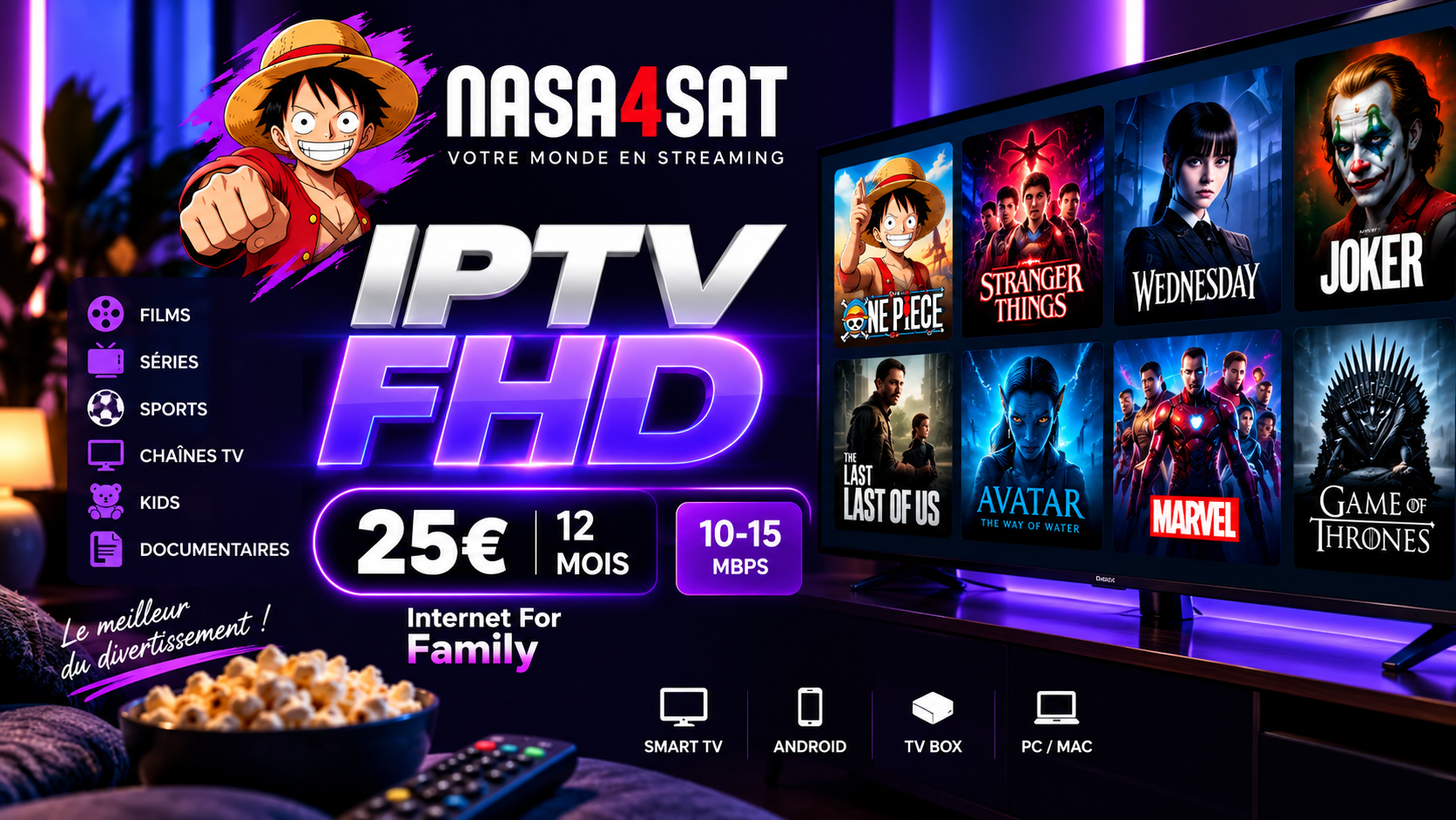 Abonnement IPTV FHD 12 mois avec chaînes TV, films et séries